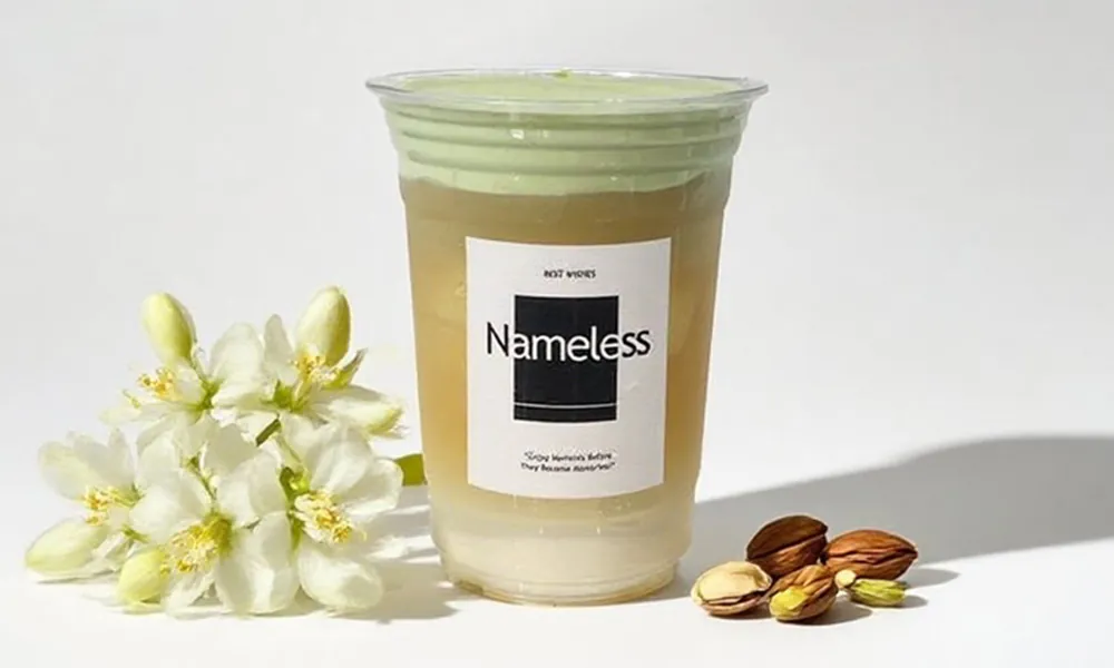 Beverage with pistachio creama, jasmine flowers and pistachios at Nameless Tea&Coffee, a Coffee Shop in Sacramento