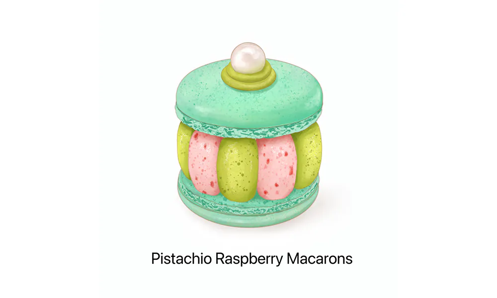 Pistachio raspberry macarons with pearl garnish at Nameless Tea&Coffee, a Coffee Shop in Sacramento